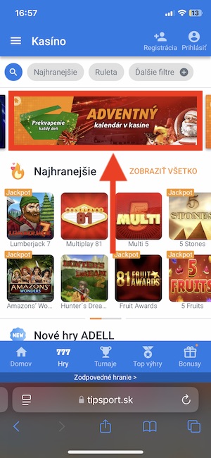 Tipsport Adventný kalendár v mobile