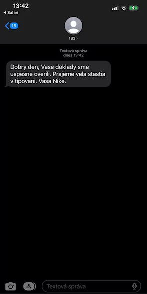 Niké potvrdenie overenia dokladov a dokončenie registrácie