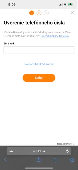 Niké overenie telefónneho čísla cez SMS