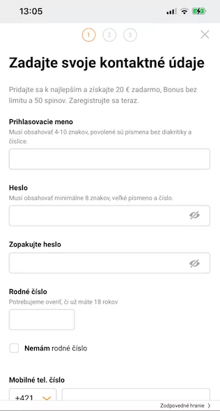 Niké registračný formulár