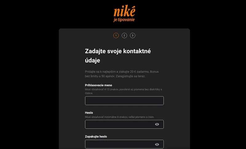 Niké casino online registrácia - formulár