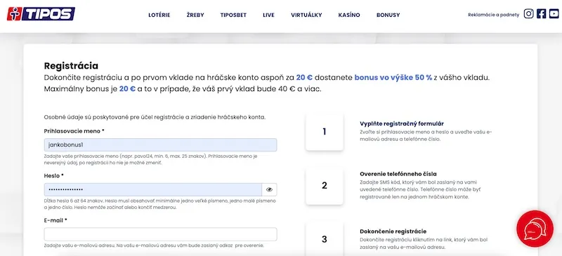 eTipos casino online registrácia - formulár