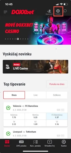 Prihlásenie do účtu cez DOXXbet aplikáciu