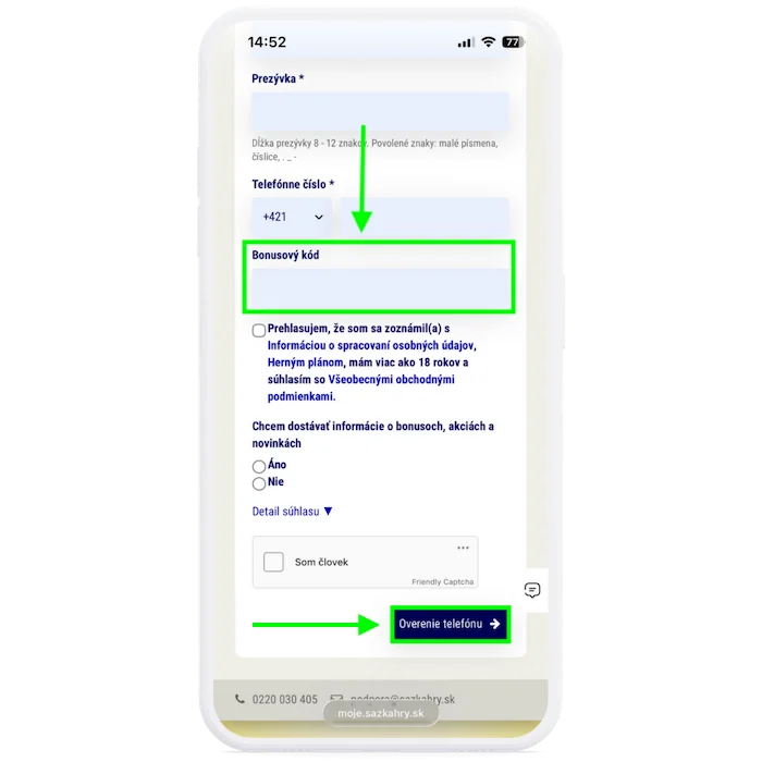 Kolonka Bonusový kód v Sazka formulári