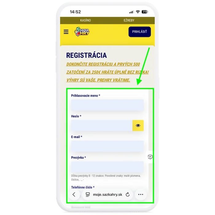 Registračný formulár Sazka hry